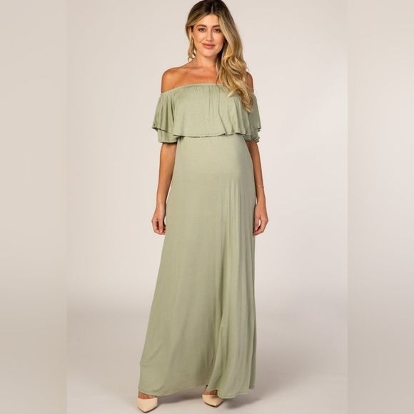 Pinkblush Mint Green Off Shoulder Ruffle Trim Maternity Knit Maxi Dress Large - Picture 2 of 5